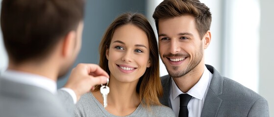 A couple smiles as they receive keys from a real estate agent, symbolizing the excitement of moving into a new home.