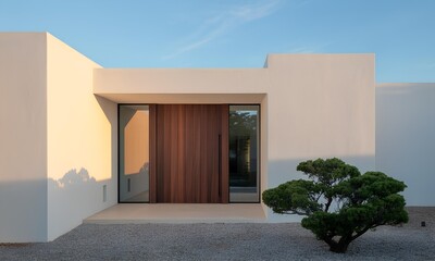 Minimalist House Facade with Clean White Walls and Wood Door