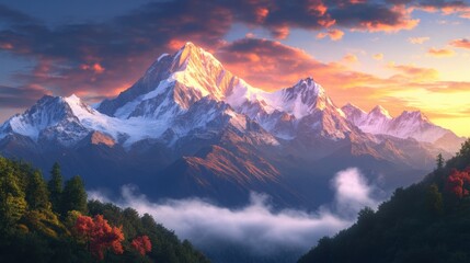 majestic mountain range, sunset reflection, vibrant spring foliage, towering peaks, misty valleys, dramatic lighting, panoramic view
