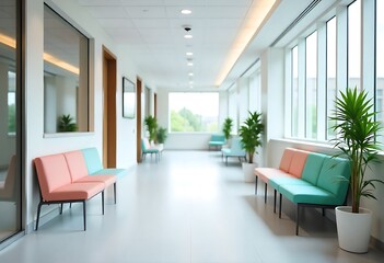 Fototapeta premium Generative AI image of a modern and bright waiting room in a medical facility