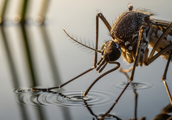 Closeup of a mosquito drinking water on a reflective surface