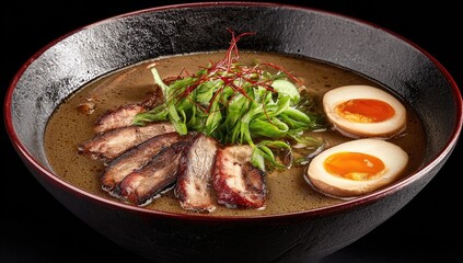 Dark ramen bowl with pork and egg