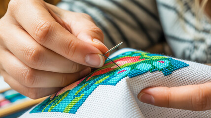 Close up of hands cross stitching colorful pattern needle thread