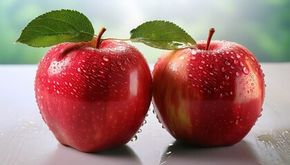 two red apples with fresh green leaves are covered in water droplets freshness and health