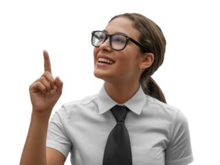 Young woman wearing glasses and a black tie pointing upwards isolated on white transparent background png jpg business people clipping path cutout 2025 2026 4k full hd poster banner label download