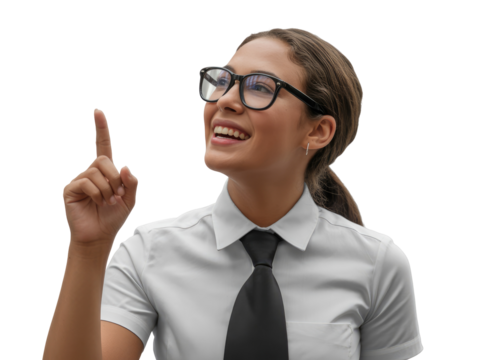 Young woman wearing glasses and a black tie pointing upwards isolated on white transparent background png jpg business people clipping path cutout 2025 2026 4k full hd poster banner label download - Powered by Adobe