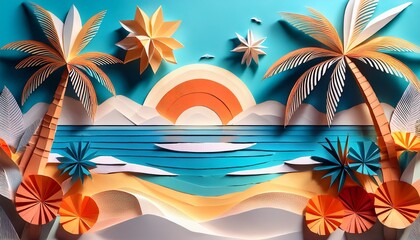 beach with palm trees in paper origami style tropical origami art