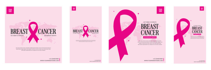 Breast Cancer Awareness Month Social Media Posts & Stories Set with a beautiful design featuring a pink ribbon