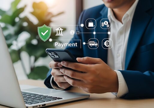 Person using phone for online transactions laptop payment