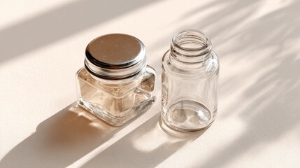 Flat Lay of Short and Tall Glass Jars with Photoreal Reflections on White Background