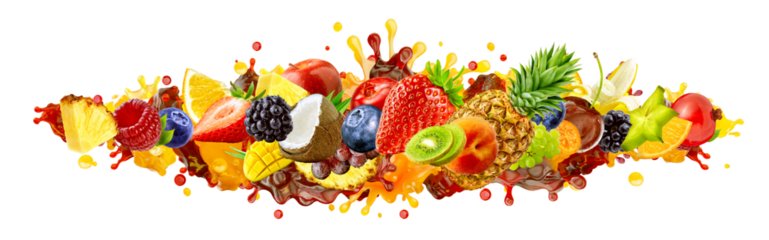 Mix of assorted tropical and fresh fruits splashing in juice: citrus, pineapple, mango, berries. Commercial banner for beverages, smoothies, cocktails, juice ads, healthy eating, summer refreshment