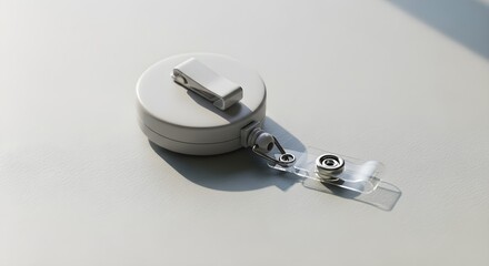 Round grey retractable badge holder with clip and clear strap on textured surface