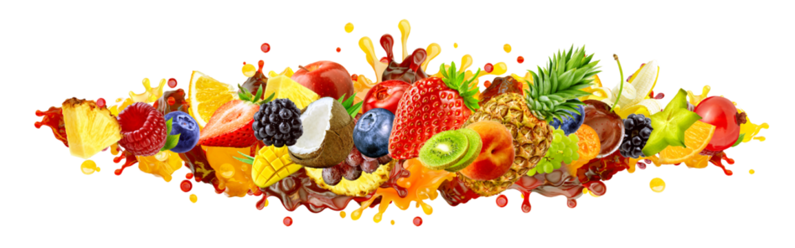 Mix of assorted tropical and fresh fruits splashing in juice: citrus, pineapple, mango, berries. Commercial banner for beverages, smoothies, cocktails, juice ads, healthy eating, summer refreshment