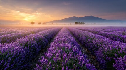 Obraz premium Lavender field sunrise. Mountain range backdrop. Scenery use for peaceful thoughts