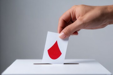 Hand inserting a ballot with a red drop symbol into a white box