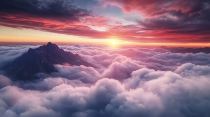 Fototapeta premium Majestic sunrise at the summit of Mount Tai, vast sea of clouds rolling like endless white waves beneath, a radiant red sun slowly rising from the horizon 