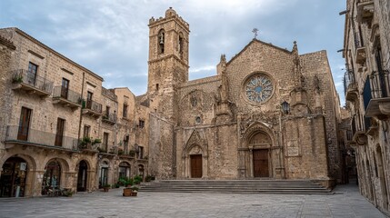Obraz premium Scenic View of Erice Cathedral and Architecture in Trapani, Sicily, Italy under Cloudy Sky