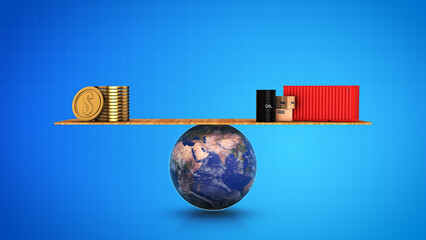 Global Trade Balance Oil Barrel, Coins, and Shipping Container on Scale