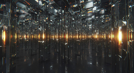 Abstract Light Pillars: Golden Sunset Through Crystal Forest