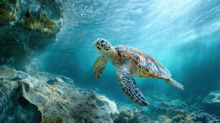 Fototapeta premium A majestic sea turtle gracefully swims in the clear blue ocean, surrounded by rocky underwater formations and rays of sunlight filtering through the water from the surface above
