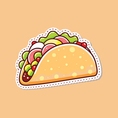 Vector art of delicious cartoon taco with fresh ingredients isolated on orange background