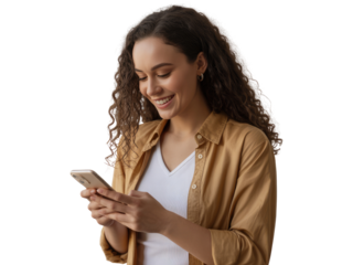 Young woman with curly brown hair smiling while looking at her isolated on white transparent background png jpg business people clipping path cutout 2025 2026 4k full hd poster banner label download