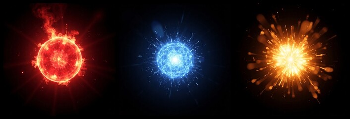 Naklejka premium Collection of glowing light balls with explosive effects, vibrant colors against dark background.