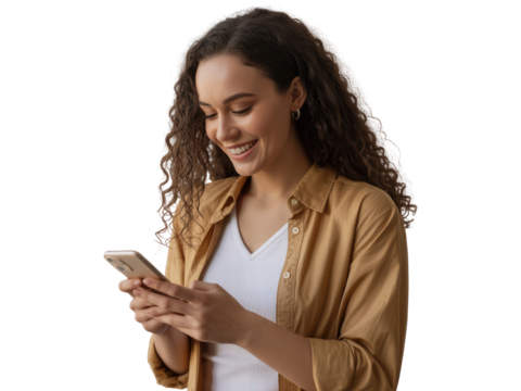 Young woman with curly brown hair smiling while looking at her isolated on white transparent background png jpg business people clipping path cutout 2025 2026 4k full hd poster banner label download