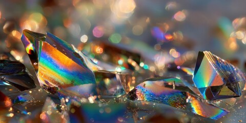 ethereal waves of refracted light shimmering through glass shards