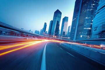 Fototapeta premium Modern Cityscape with Dynamic Motion: Abstract Urban Transportation and High-Rise Buildings at Night