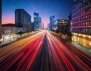 Obraz premium a city street stretches into the distance flanked by buildings and illuminated by long streaks of red and yellow light trails from moving vehicles
