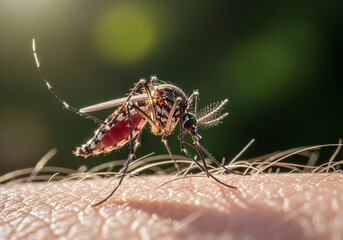 Mosquito sucks blood from human skin in a closeup shot