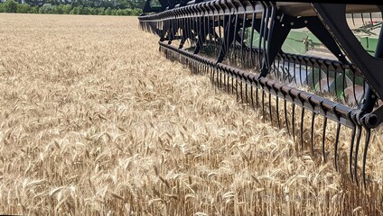 The harvest is in full swing. The combine harvester gathers ripe wheat, which spreads in golden waves across the endless field under the clear sky