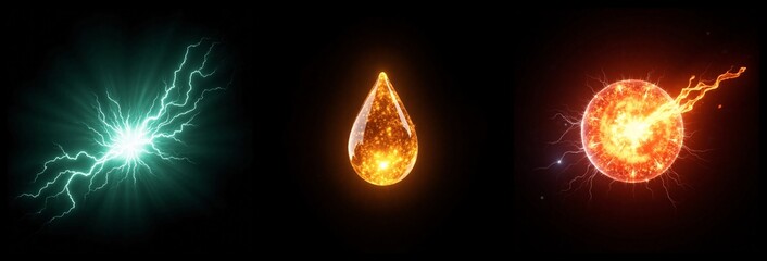 Collection of glowing light effects, including a green blast, a golden droplet, and a fiery ball, set against a dark background.