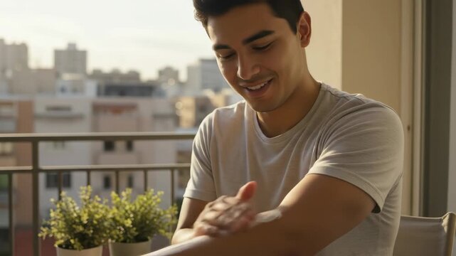 young hispanic man applies lotion to arm on sunny balcony. urban setting with greenery in background. concept of skincare, self-care, sunscreen and UV protection. health and lifestyle