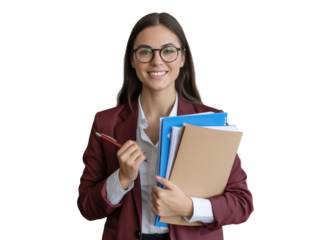 Young woman with long dark hair wearing glasses and a maroon isolated on white transparent background png jpg business people clipping path cutout 2025 2026 4k full hd poster banner label download