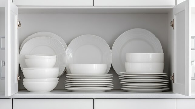 A neatly organized kitchen cabinet displaying an array of white dinnerware, including bowls and plates, emphasizing simplicity and elegance.