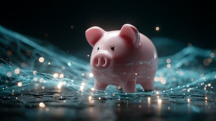 A pink piggy bank enveloped in a holographic RWA data network. A futuristic aesthetic representing the future of finance and digital assets.