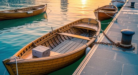 Wooden Rowboats Moored at Dock with Golden Sunset Reflections on Calm Water at Lakeside