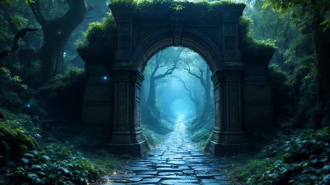 Enchanted Forest Path: Mystical Stone Archway, Serene Night, Luminescent Journey