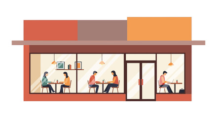 Illustration of a cafe exterior, depicting people enjoying meals and beverages inside.