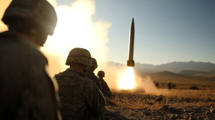 Obraz premium army soldiers in live-fire training launching advanced guided missile, heat shimmer from engines, battlefield dust