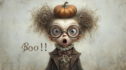 Surprised cartoon-style boy with curly hair and round glasses balancing pumpkin on head, Boo text, whimsical vintage autumn portrait 
