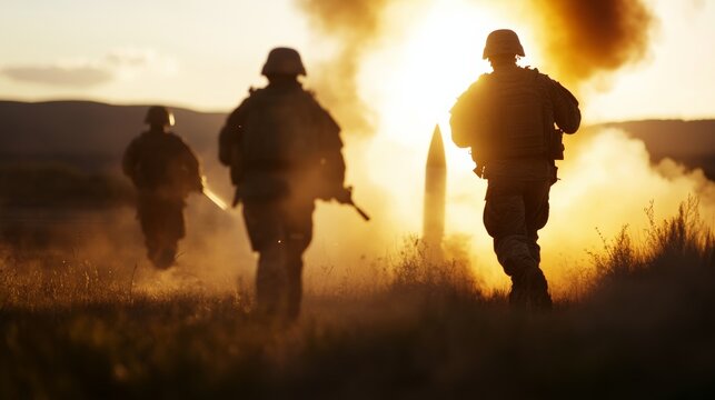 army soldiers in live-fire training launching advanced guided missile, heat shimmer from engines, battlefield dust