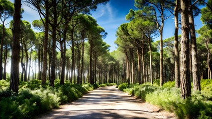 Fototapeta premium Scenic Pathway Through Dense Pine Forest Under Clear Sky