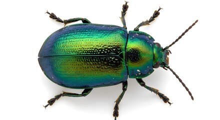 Fototapeta premium Iridescent Metallic Green and Blue Leaf Beetle Isolated on White Background, Top View