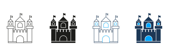 Castle Line And Solid Icon Set. Medieval Fortress, Fairytale Palace, And Historical Architecture Symbol Collection. Fantasy And Heritage Design Elements. Isolated Vector Illustration