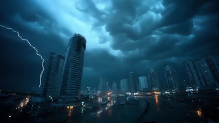 Tall city skyscrapers under dark storm clouds with lightning strike at night
 - Powered by Adobe