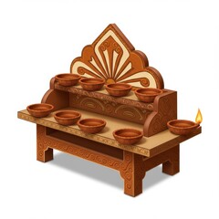 Ornate Brown Wooden Diwali Lamp Stand with Terracotta Oil Lamps