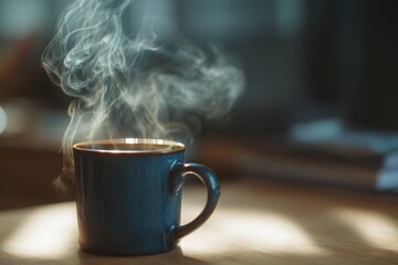 Steaming blue mug of coffee on a wooden table